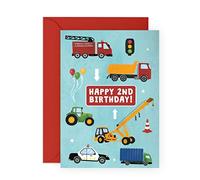 Tarjeta colorida para el segundo cumpleaños para niños - 2 años - Tarjeta de felicitación para camión y coche - Divertida tarjeta temática de vehículo para Hijo, nieto, niño pequeño - por Central 23