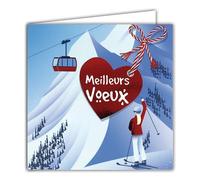 Tarjeta cuadrada de los mejores deseos de corazón rojo brillante con sobre blanco, 15 x 15 cm - Feliz año nuevo paisaje montaña invierno cumbre nevada Teleférico Teleférico Esquiador Bosque Árbol de