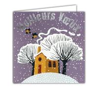 Tarjeta cuadrada de los mejores deseos plateados brillantes con sobre blanco, 15 x 15 cm, paisaje nevado, invierno, pájaros casa, amarillo, árboles sin hoja, Chimenea Papá Noel Fiestas Feliz Año Nuevo