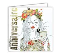Tarjeta cuadrada dorada de oro para cumpleaños o niña, diseño de corona de flores en el cabello