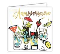 Tarjeta cuadrada dorada dorada para cumpleaños con texto en inglés «Happy Birthday» para beber un vaso de cócteles, burbujas, feliz y salud