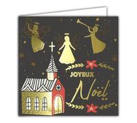 Tarjeta cuadrada Feliz Navidad Los mejores deseos en oro dorado brillante con sobre blanco de 15 x 15 cm - iglesia cantando los ángeles en nuestras campañas Músico Trompeta estrellas Fiestas Fin de