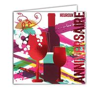 Tarjeta cuadrada para cumpleaños de vino, rojo burdeos brillante, textura con efecto relieve, copas o botella de racimo de uvas