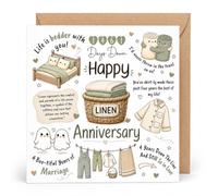 Tarjeta de 4º aniversario de boda con sobre, divertido tema de lino para marido o esposa, diseño de 1461 días juntos con cama, toalla y camisa, lindo saludo de matrimonio de cuatro años para parejas