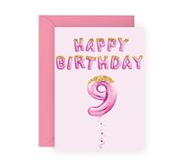 Tarjeta de 9 cumpleaños para niñas, tarjetas de cumpleaños de 9 años, globos de fiesta rosados, tarjeta de noveno cumpleaños para hija, nieta, sobrina, viene con divertidas pegatinas - por Central 23