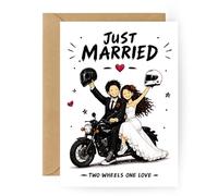 Tarjeta de boda con diseño de moto Just Married, tarjeta de felicitación de boda original para motociclistas y ciclistas, regalo de boda para novios y recién casados, tarjeta plegable con sobre