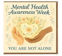 Tarjeta de concienciación sobre la salud mental con texto en inglés "You Are Not Alone" - Tarjeta de condolencias con corazón floral y manos que ayudan