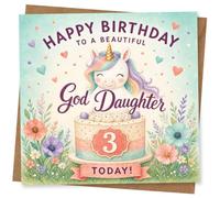 Tarjeta de cumpleaños de 3er cumpleaños para una hermosa ahijada, pastel de unicornio y diseño floral, feliz cumpleaños hoy
