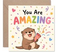 Tarjeta de cumpleaños de nutria - Bursting with Rainbow Cheer - Dibujos animados Popper una fiesta en una ráfaga de confeti - Seguro que iluminará el día especial de cualquier persona - cuadrado de