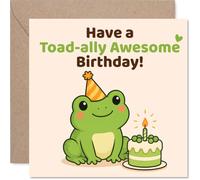 Tarjeta de cumpleaños de ranas - Deseos encantadores de Toad-ally - Rana de dibujos animados en sombrero de fiesta con pastel de cumpleaños - seguro que deleitará a cualquier amante de los animales