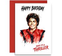 Tarjeta de cumpleaños inspirada en Michael Jackson para él y ella, diseño Hope Its a Thriller, tamaño A5 con sobre rojo, hecha en Reino Unido