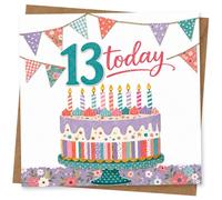 Tarjeta de cumpleaños número 13 para niña, bonito diseño de pastel y banderines, tarjeta de felicitación Happy 13 Today