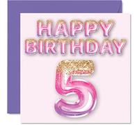 Tarjeta de cumpleaños número 5 para niñas, globos de purpurina rosa y morada, tarjetas de feliz cumpleaños para niñas de 5 años, hija, hermana, nieta, prima, 145 mm x 145 mm, tarjetas de felicitación