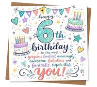 Tarjeta de cumpleaños número 6 para niño, colorida y bonita tarjeta de cumpleaños con pastel, corazones y estrellas para hijo, hija, niño o niña