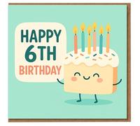 Tarjeta de cumpleaños número 6 para niños, bonito pastel con velas y chispas, diseño de dibujos animados de feliz sexto cumpleaños