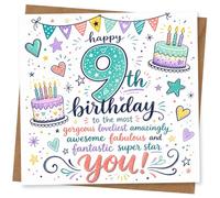 Tarjeta de cumpleaños número 9 para hija, nieta, sobrina, hermana o amiga - Feliz 9º cumpleaños tu! Bonito diseño de pastel y banderines