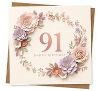 Tarjeta de cumpleaños número 91 para ella, elegante diseño floral, tarjeta de cumpleaños para mamá, abuela, esposa o amiga, corte de papel pastel