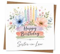 Tarjeta de cumpleaños para cuñada, diseño floral de acuarela con velas y tarjeta de felicitación con escritura pastel