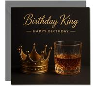 Tarjeta de cumpleaños para él, diseño de corona y vaso de whisky, cuadrada de 145 mm x 145 mm, tarjeta de felicitación de feliz cumpleaños negra y dorada, incluye sobre gris oscuro