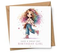 Tarjeta de cumpleaños para niña con sobre, colorida tarjeta de cumpleaños bohemia con pelo floral e ilustración de moda, bonita tarjeta de felicitación para hija, nieta, sobrina, hermana, amiga o