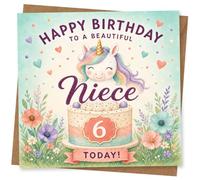 Tarjeta de cumpleaños para sobrina, 6 años, bonita tarjeta de unicornio con pastel floral y mensaje "Happy Birthday to a Beautiful Niece Today"