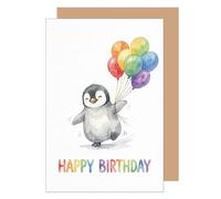 Tarjeta de cumpleaños premium de Edición Seidel con sobre. Tarjeta de felicitación de cumpleaños con mensaje, globos de pingüinos en inglés, linda y colorida para niño, niña o niño (G3915 SW026)
