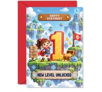 Tarjeta de primer cumpleaños - Nuevo nivel desbloqueado - Colorful Pixel | Personaje alegre de niño, cofre del tesoro y obra de arte inspirada en el juego con un gran píxel 1, A5, sobre incluido