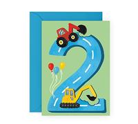 Tarjeta de segundo cumpleaños para niño - 2 años - Tarjeta de felicitación de tractores - Divertida tarjeta temática de vehículo de construcción para Hijo, nieto - por Central 23