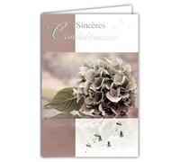 Tarjeta de sinceras condolencias gris plateado brillante fallecimiento de flores hortensias moradas semillas de diente de león. Fabricado en Francia.