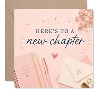 Tarjeta inspiradora de buena suerte, Here's to a New Chapter | Papelería rosa rubor y diseño floral con detalles de estrella dorada, cuadrado de 145 mm, sobre incluido