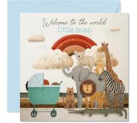 Stuff4 Sweet New Baby Card - Tarjeta de bienvenida al mundo, hombrecito, animales de safari pastel con cochecito y arco iris, dije suave para un nuevo niño, cuadrado de 5.7 pulgadas, sobre incluido