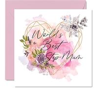 Tarjeta para el día de la madre para madrastra - Worlds Best Step Mum - Tarjeta de cumpleaños con flores de corazón feliz para madre, hijastro e hija, 145 mm, tarjetas de felicitación florales para el