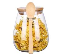 Tarro con cuchara, vaso de sal con tapa y cuchara. Bidón de transparente con tapa de madera. Recipiente para azúcar, especiero con cierre de seguridad para harina, arroz, frutos secos, dulces,