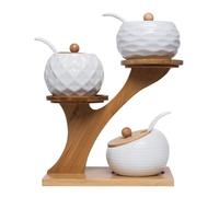 Tarro para especias, Juego de caja cerámica for condimentos, azucarero, tarro almacenamiento con cucharas y tapa bambú, estante for especias, pimienta