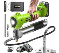 TaskStar Engrasadora Batería 10000 PSI Super Eficiente con 3 Boquillas | Pistola de Engrase Eléctrica con manguera 100 cm, acoplador rápido, 2 Baterías y Luz LED para coches, tractores y maquinaria