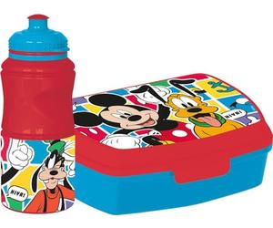 Tataway Set Disney de botella de 380 ml y sandwichería rojo para niños en plástico de Mickey Mouse con banda antideslizante y cierre de seguridad