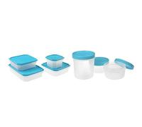 Tatay 1169000 - Set De 4 Contenedores De Alimentos Herméticos Cuadrados con Tapa Flexible A Presión Azul + 1169400 Set De 3 Contenedores De Alimentos Herméticos con Cierre A Rosca Y Medidor