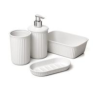 Tatay Set de 4pcs Sobremesa de Baño (Vaso + Dosificador + Jabonera + Organizador A6) Baobab, de Plástico, Libre de BPA, Blanco Pergamon (6391101)