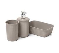 Tatay Set de 3pcs Sobremesa de Baño (Vaso + Dosificador + Organizador A6) Baobab, de Plástico, Libre de BPA, Taupe (6391303)