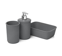 Tatay Set de 3pcs Sobremesa de Baño (Vaso + Dosificador + Organizador A6) Baobab, de Plástico, Libre de BPA, Gris Antracita, 6391314