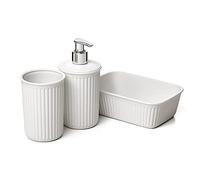 Tatay Set de 3pcs Sobremesa de Baño (Vaso + Dosificador + Organizador A6) Baobab, de Plástico, Libre de BPA, Blanco Pergamon, 6391301