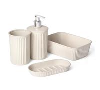 Tatay Set de 4pcs Sobremesa de baño (Vaso + Dispensador de jabón + Jabonera + Organizador A6) Baobab ECOHOME, de Polipropileno, Libre de BPA, Plástico 100% Reciclado, Beige