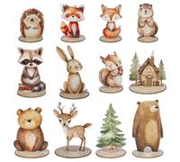 Tatonipiq 12 Piezas: Figuras y decoración Animales Bosque cumpleaños | 12 animales bosque torta decoración, figuras zorro erizo ciervo, base madera, insertable, para cumpleaños mesa bosque.