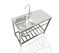 TAXXII Fregadero Comercial de Acero Inoxidable de un Solo Seno, lavamanos portátil Independiente para Cocina con Banco de Trabajo y Grifo, estación Exterior con Manguera para Camping.