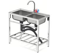 TAXXII Fregadero de Cocina Comercial Independiente de Acero Inoxidable 304 para Exteriores, Unidad utilitaria de Doble cubeta con Grifo de Agua fría y Caliente para Patio Trasero, Garaje,