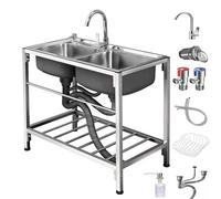 TAXXII Fregadero Exterior Independiente de Acero Inoxidable con 2 Compartimentos para cocinas comerciales de restaurantes, con Grifo de Agua fría y Caliente y estantes de Almacenamiento p
