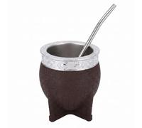 Taza aislada, taza de café de acero inoxidable de 200 ml con pajita de metal, textura de tortuga inspirada en la artesanía y forma de cáscara de huevo para bebidas frías y calientes, color café, acer