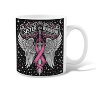 Taza de café de cerámica con cita de apoyo para hermanas sobre el cáncer de | Peach Ribbon Awareness, taza de café, diseño de alas de ángel, cita familiar de apoyo, gráfico inspirador