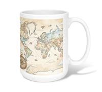 Taza de café de cerámica con mapa, brújula de viaje vintage, nubes, beige, novedosa, taza de chocolate caliente con asa, ideal para amigos, familiares, amantes, ancianos, compañeros de trabajo, 15