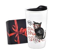 Taza de café de viaje de cerámica, reutilizable, taza blanca única para llevar, taza de café con tapa resistente a salpicaduras, lindas tazas de viaje para amantes de los gatos, 12 onzas, divertido